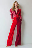 Red Pink Burgundy Patchwork Ruffled 2 Piece Notched Lapel Women Formal Suits