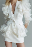White 2 Piece Shawl Lapel Short Work Dress with Ruffles