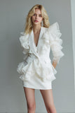 White 2 Piece Shawl Lapel Short Work Dress with Ruffles