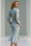 Grey Pencil Peak Lapel 2 Piece Midi Formal Suits with Belt