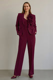 Burgundy 2 Piece Ruffled Satin Notched Lapel Women Formal Suits