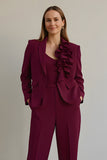 Burgundy 2 Piece Ruffled Satin Notched Lapel Women Formal Suits