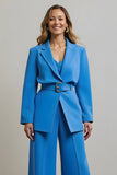 Blue Notched Lapel 2 Piece Women Formal Suits with Belt