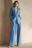 Blue 2 Piece Satin Peak Lapel Formal Suits with Sash
