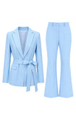 Blue 2 Piece Satin Peak Lapel Formal Suits with Sash
