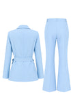 Blue 2 Piece Satin Peak Lapel Formal Suits with Sash