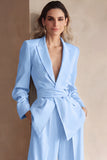 Blue 2 Piece Satin Peak Lapel Formal Suits with Sash