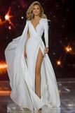 White Mermaid Long Sleeve Pageant Dress with Sash