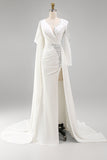 White Mermaid Long Sleeve Pageant Dress with Sash