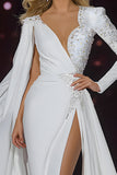 White Mermaid Long Sleeve Pageant Dress with Sash