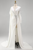 White Mermaid Long Sleeve Pageant Dress with Sash