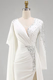White Mermaid Long Sleeve Pageant Dress with Sash