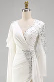 White Mermaid Long Sleeve Pageant Dress with Sash