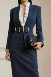 Navy 2 Piece Peak Lapel Pencil Midi Business Suits with Belt