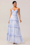 Blue Floral Ruffled A Line Corset Long Wedding Guest Dress