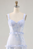 Blue Flower Ruffled Printed A Line Long Bridesmaid Dress