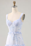 Blue Flower Ruffled Printed A Line Long Bridesmaid Dress
