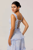 Blue Floral Ruffled A Line Corset Long Wedding Guest Dress