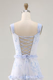 Blue Flower Ruffled Printed A Line Long Bridesmaid Dress