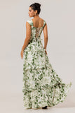 Green Floral Ruffled Corset A Line Long Bridesmaid Dress