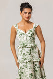 Green Floral Ruffled Corset A Line Long Bridesmaid Dress