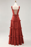 Terracotta Floral Corset Ruffled A Line Long Bridesmaid Dress