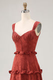 Terracotta Floral Corset Ruffled A Line Long Bridesmaid Dress