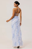 Blue Floral Ruffled Sheath Printed Wedding Guest Dress