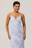 Blue Floral Ruffled Sheath Printed Wedding Guest Dress