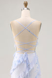 Blue Flower Spaghetti Straps Printed Long Bridesmaid Dress with Ruffles