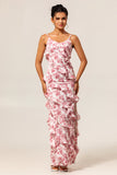 Blush Floral Sheath Ruffled Long Wedding Guest Dress with Slit