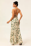 Champagne Floral Mermaid Printed Bridesmaid Dress with Slit