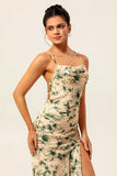 Champagne Floral Mermaid Printed Bridesmaid Dress with Slit