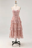 Blush Flower A Line Printed Tiered Midi Bridesmaid Dress