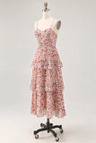 Blush Flower A Line Printed Tiered Midi Bridesmaid Dress