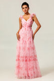 Blush Floral A Line Ruffled Tulle Long Bridesmaid Dress