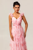Blush Floral A Line Ruffled Tulle Long Bridesmaid Dress