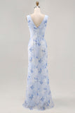 Blue Floral Sheath Cowl Neck Long Wedding Guest Dress