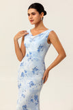 Blue Floral Sheath Cowl Neck Long Wedding Guest Dress