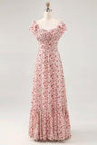 Blush Flower Printed Ruffled A Line Long Bridesmaid Dress with Slit