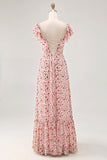 Blush Flower Printed Ruffled A Line Long Bridesmaid Dress with Slit