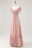 Blush Flower Printed Ruffled A Line Long Bridesmaid Dress with Slit