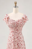 Blush Flower Printed Ruffled A Line Long Bridesmaid Dress with Slit