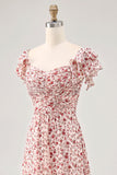 Blush Flower Printed Ruffled A Line Long Bridesmaid Dress with Slit