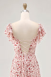 Blush Flower Printed Ruffled A Line Long Bridesmaid Dress with Slit
