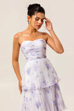 Strapless Lavender Floral A Line Tiered Pleated Bridesmaid Dress