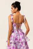 Purple Floral A Line Tiered Wedding Guest Dress with Straps Bows