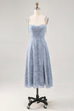 Dusty Blue A Line Spaghetti Straps Midi Bridesmaid Dress with Slit