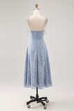 Dusty Blue A Line Spaghetti Straps Midi Bridesmaid Dress with Slit