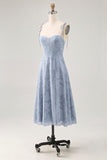 Dusty Blue A Line Spaghetti Straps Midi Bridesmaid Dress with Slit